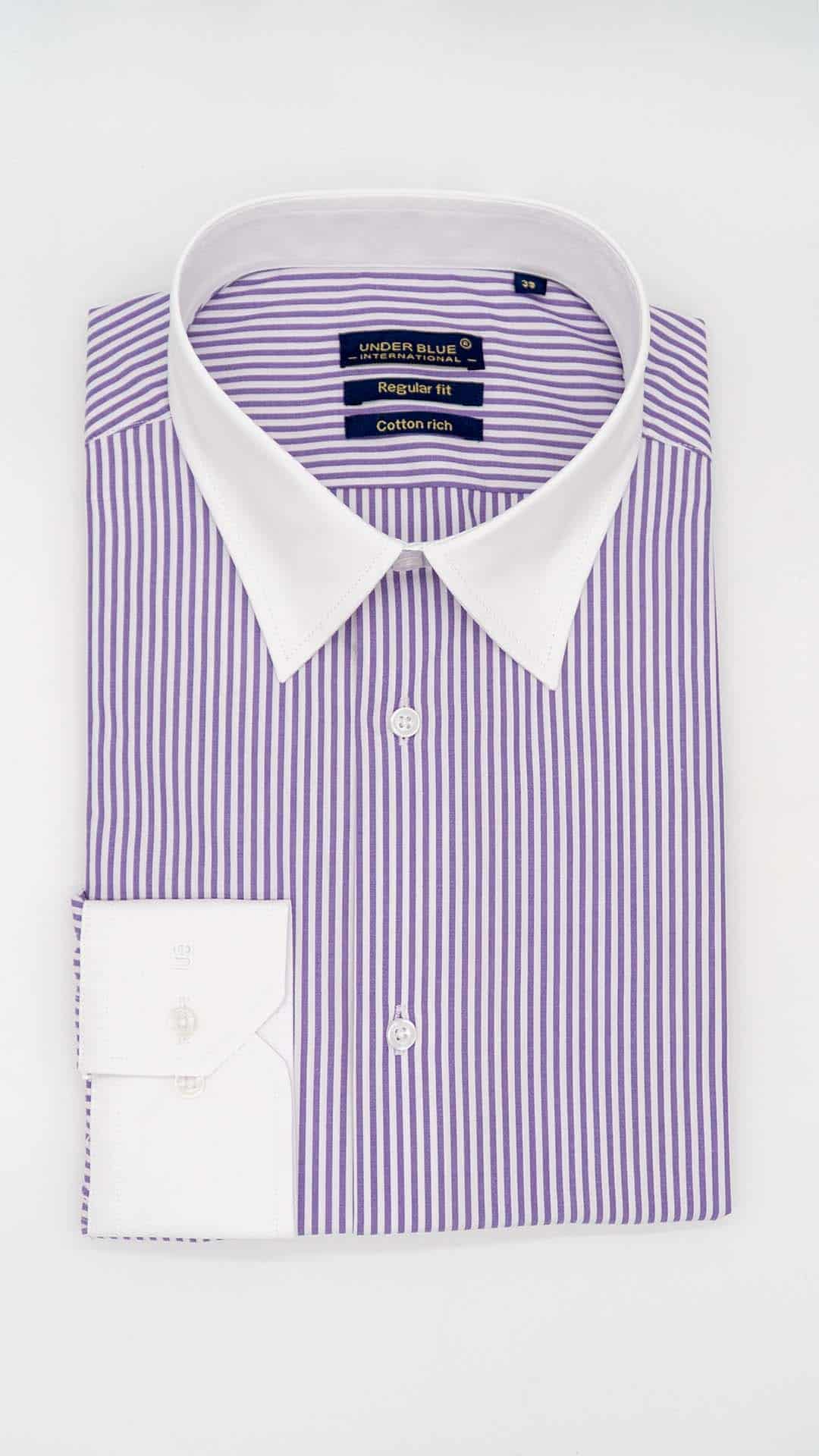 Camisa Regular Clássica Branca com Riscas Roxas