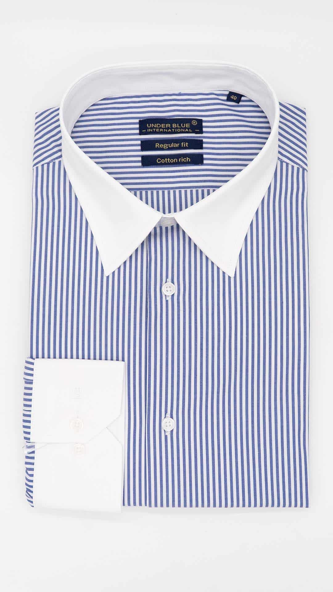 Camisa Regular Clássica Branca com Riscas Azuis